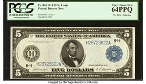 image for: Fr. 874 $5 1914 Federal Reserve Note PCGS Very Choice New 64PPQ....