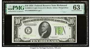 image for: Fr. 2004-E $10 1934 Light Green Seal Federal Reserve Note. PMG Choice Uncirculated 63 EPQ....
