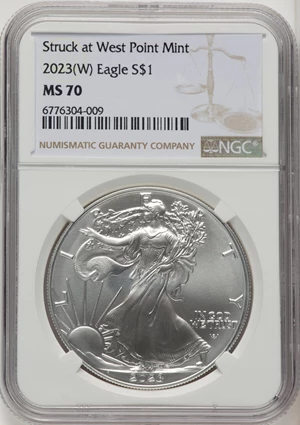 image for: 2023-(W) $1 Silver Eagle, Struck at West Point, MS70 NGC. Mintage 5,393,005....