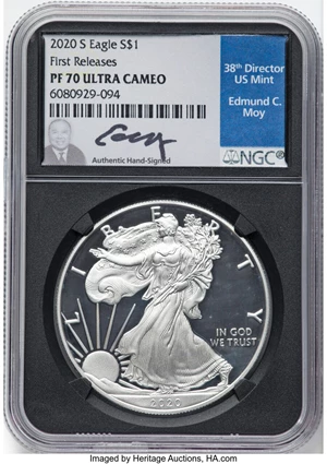 image for: 2020-S $1 Silver Eagle, First Releases, PR70 Ultra Cameo NGC. Hand-signed, Edmund C. Moy....