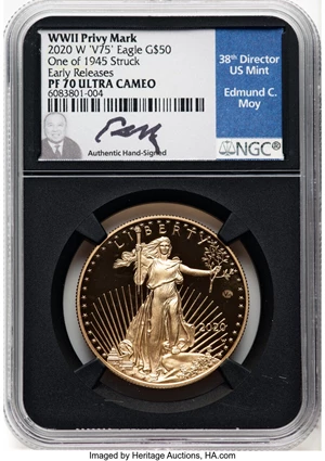 image for: 2020-W G$50 One-Ounce Gold Eagle, WWII v75 Privy, Early Releases, PR70 Ultra Cameo NGC. Hand-signed, Edmund C. Moy. NGC Cen...