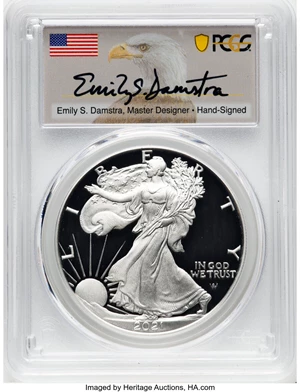image for: 2021-S $1 Silver Eagle, Type Two, Advance Release, Damstra Signature, PR70 Deep Cameo PCGS....