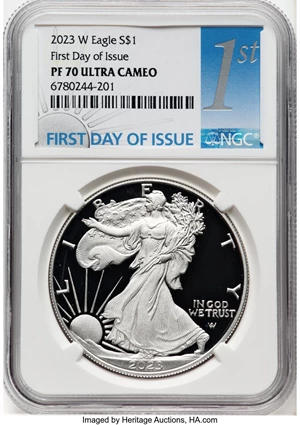 image for: 2023-W $1 Silver Eagle, First Day of Issue, PR70 Ultra Cameo NGC. ...