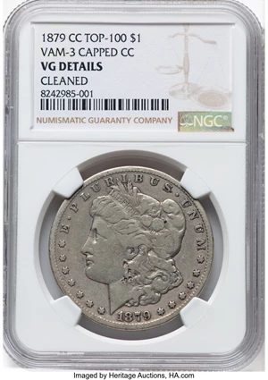 image for: 1879-CC $1 Capped Die, VAM-3, -- Cleaned -- NGC. VG. A Top 100 Variety. NGC Census: (103/2361). PCGS Population: (7/123). C...
