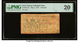 image for: New Jersey May 1, 1758 £6 PMG Very Fine 20....