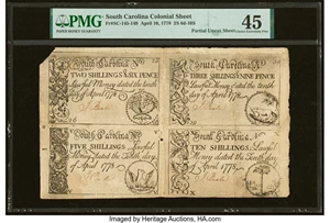 image for: South Carolina April 10, 1778 2s 6d-3s 9d-5s-10s Partial Uncut Sheet of Four PMG Choice Extremely Fine 45....