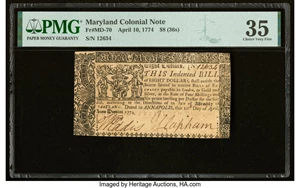 image for: Maryland April 10, 1774 $8 PMG Choice Very Fine 35....