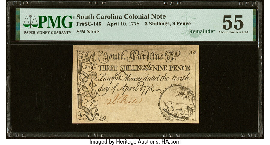 image for: South Carolina April 10, 1778 3s 9d Remainder PMG About Uncirculated 55....