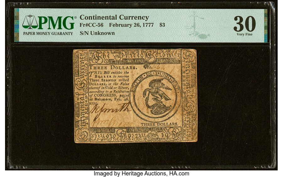 image for: Continental Currency February 26, 1777 $3 PMG Very Fine 30....
