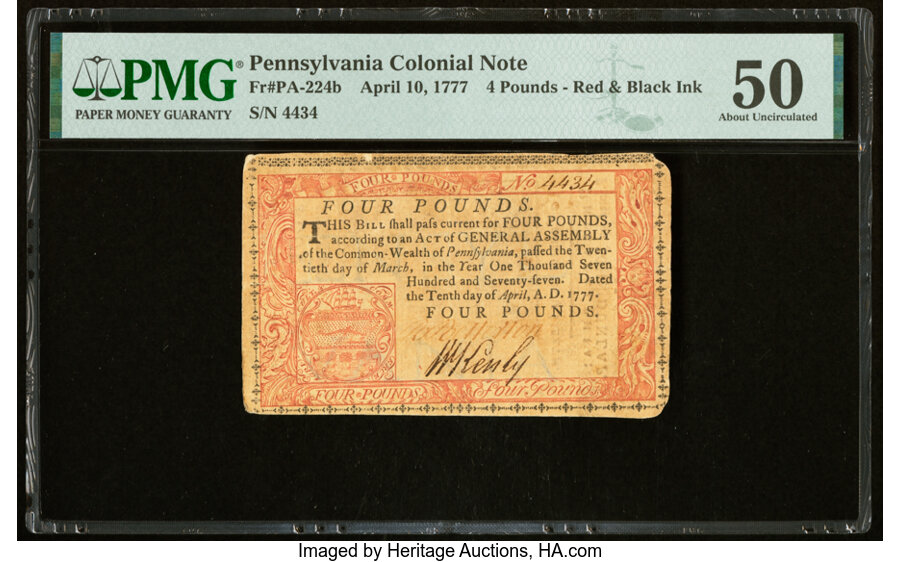 image for: Pennsylvania April 10, 1777 £4 PMG About Uncirculated 50....