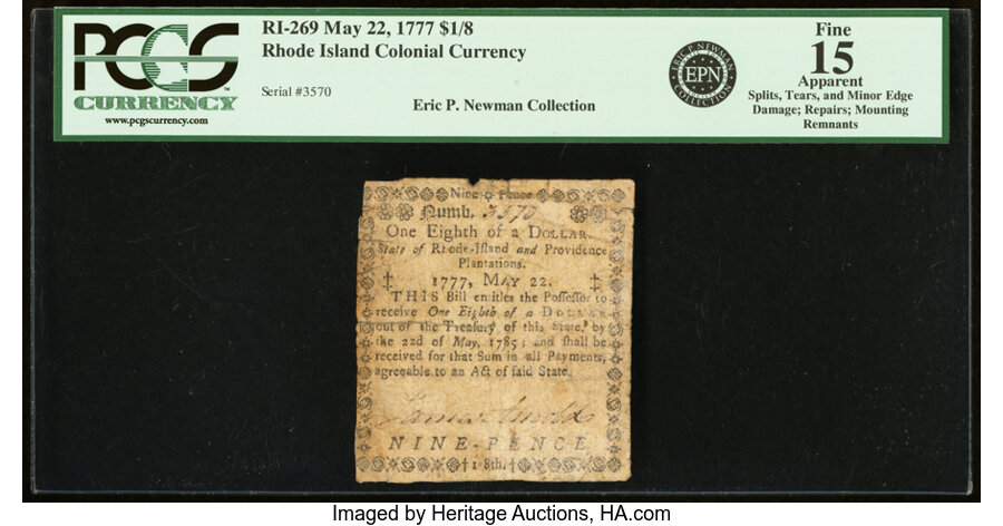 image for: Rhode Island May 22, 1777 $1/8 PCGS Apparent Fine 15....