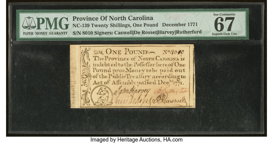 image for: North Carolina December, 1771 £1 PMG Superb Gem Unc 67 EPQ....