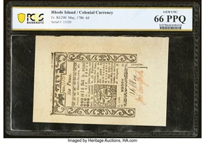 image for: Rhode Island May 1786 6d PCGS Banknote Gem Unc 66 PPQ....