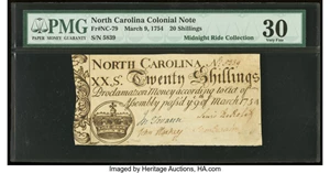 image for: North Carolina March 9, 1754 20s PMG Very Fine 30....