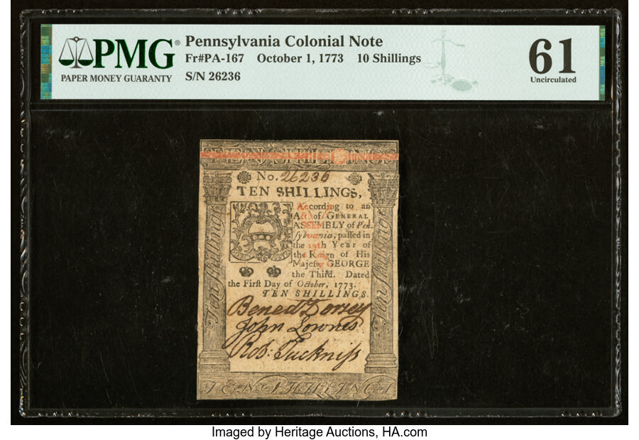 image for: Pennsylvania October 1, 1773 10s PMG Uncirculated 61....