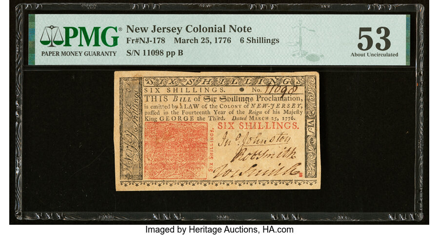 image for: New Jersey March 25, 1776 6s PMG About Uncirculated 53....