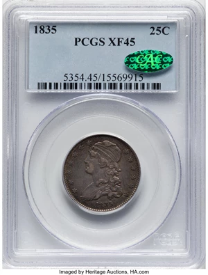 image for: 1835 25C B-2, R.2, XF45 PCGS. CAC. Mintage 1,952,000....