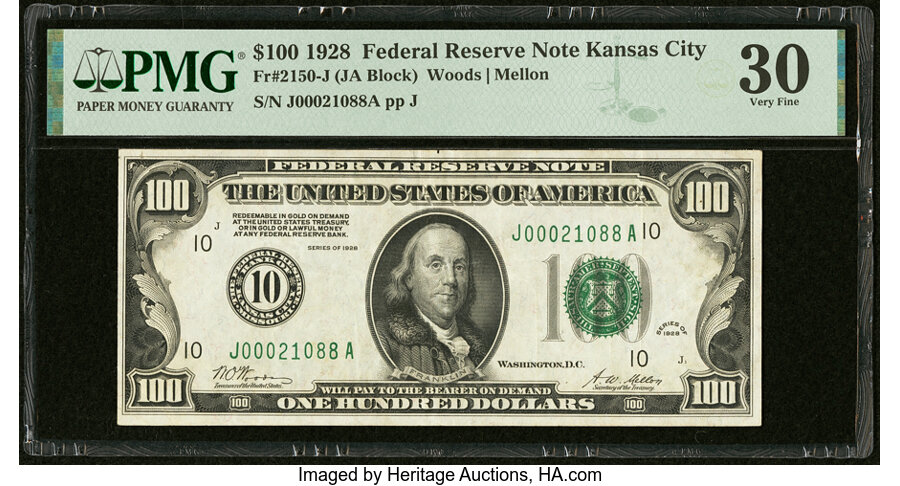 image for: Fr. 2150-J $100 1928 Federal Reserve Note. PMG Very Fine 30....