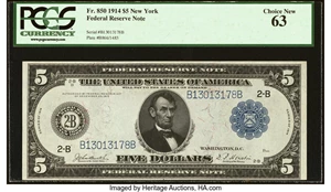 image for: Fr. 850 $5 1914 Federal Reserve Note PCGS Choice New 63....