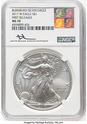 image for: 2017-W $1 Silver Eagle, Burnished, First Releases, MS70 NGC. Hand-signed, John M. Mercanti. NGC Census: (4466). PCGS Popula...