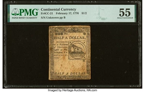 image for: Continental Currency February 17, 1776 $1/2 PMG About Uncirculated 55....
