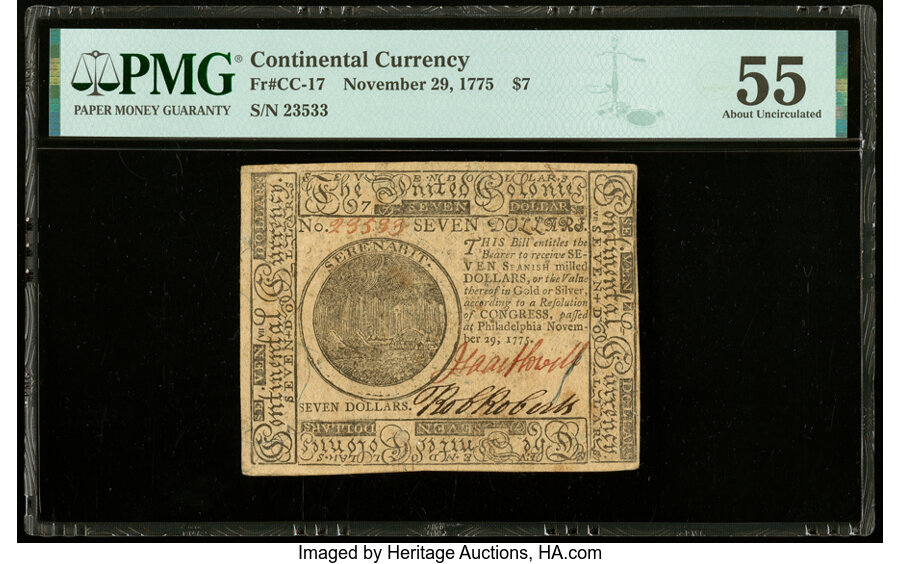 image for: Continental Currency November 29, 1775 $7 PMG About Uncirculated 55....