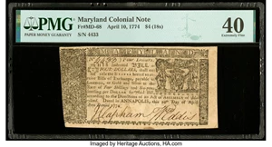 image for: Maryland April 10, 1774 $4 PMG Extremely Fine 40....