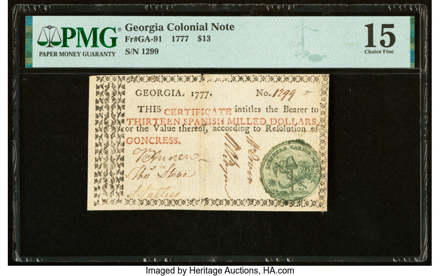 image for: Georgia 1777 $13 PMG Choice Fine 15....