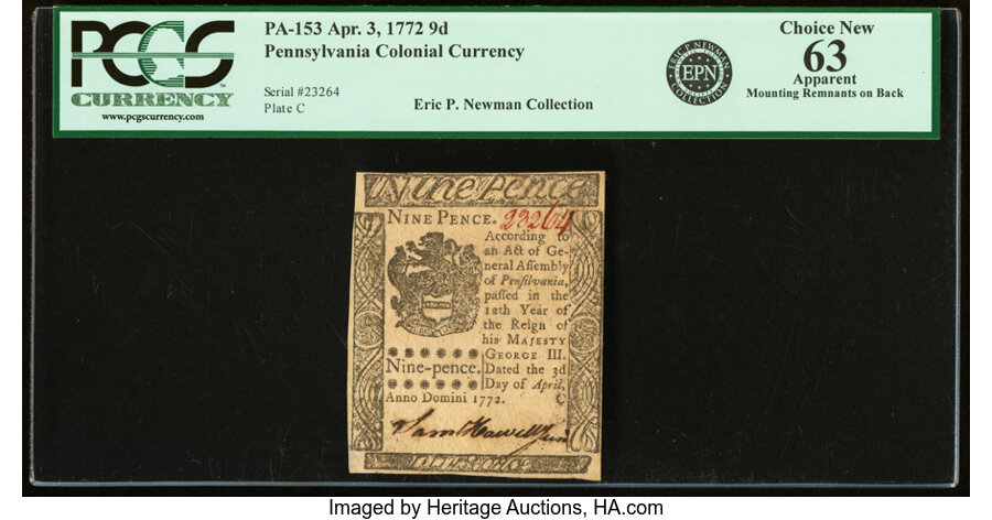 image for: Pennsylvania April 3, 1772 9d PCGS Apparent Choice New 63....