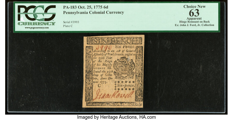 image for: Pennsylvania October 25, 1775 6d PCGS Apparent Choice New 63....