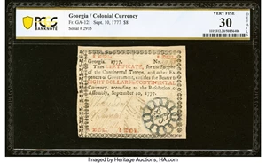 image for: Georgia September 10, 1777 $8 PCGS Banknote Very Fine 30 Details....