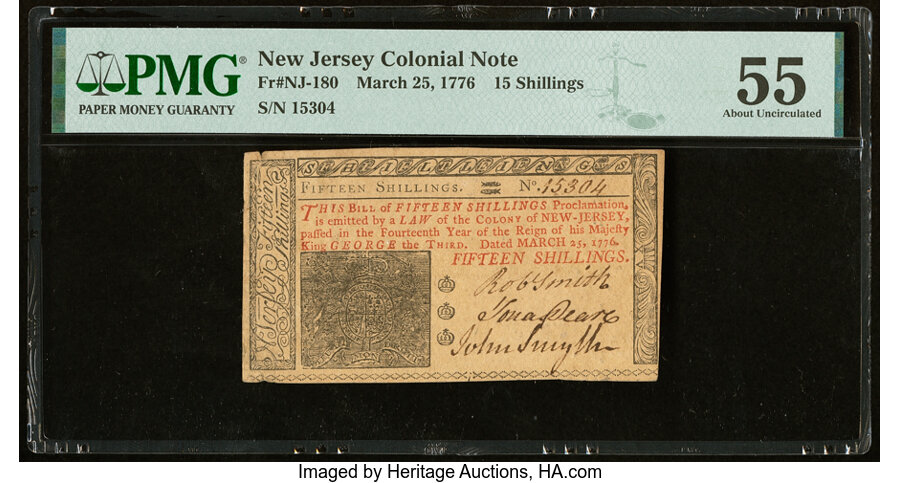 image for: New Jersey March 25, 1776 15s PMG About Uncirculated 55....