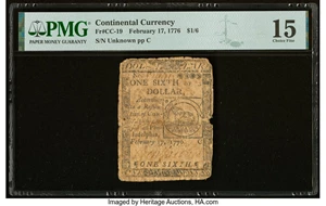 image for: Continental Currency February 17, 1776 $1/6 PMG Choice Fine 15....