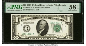 image for: Fr. 2000-C $10 1928 Federal Reserve Note. PMG Choice About Unc 58 EPQ....