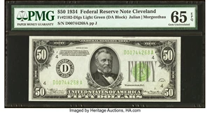 image for: Fr. 2102-D $50 1934 Light Green Seal Federal Reserve Note. PMG Gem Uncirculated 65 EPQ....