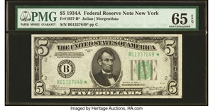 image for: Fr. 1957-B* $5 1934A Federal Reserve Star Note. PMG Gem Uncirculated 65 EPQ....