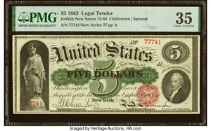 image for: Fr. 63b $5 1863 Legal Tender PMG Choice Very Fine 35....