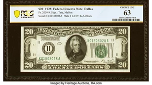 image for: Fr. 2050-K $20 1928 Federal Reserve Note. PCGS Banknote Choice Unc 63....