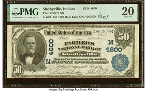 image for: Shelbyville, IN - $50 1902 Date Back Fr. 671 The Farmers National Bank Ch. # (M)4800 PMG Very Fine 20....