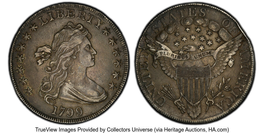 image for: 1799 $1 7x6 Stars, B-11, BB-161, R.3, XF40 PCGS. CAC. Bowers Die State IV with a "Pelican" die break below the beak. Rich s...