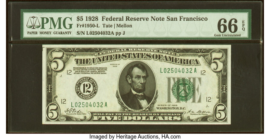 image for: Fr. 1950-L $5 1928 Federal Reserve Note. PMG Gem Uncirculated 66 EPQ....