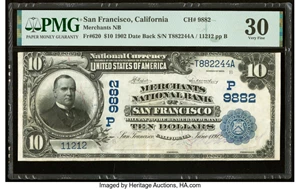 image for: San Francisco, CA - $10 1902 Date Back Fr. 620 Merchants National Bank Ch. # (P)9882 PMG Very Fine 30....