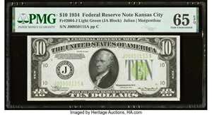 image for: Fr. 2004-J $10 1934 Light Green Seal Federal Reserve Note. PMG Gem Uncirculated 65 EPQ....