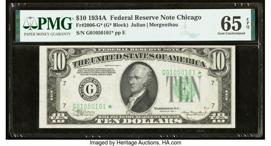image for: Fr. 2006-G* $10 1934A Federal Reserve Star Note. PMG Gem Uncirculated 65 EPQ....
