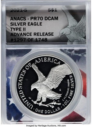 image for: 2021-S $1 Silver Eagle, Type Two, Advance Release, PR70 Deep Cameo ANACS. #1297 of 1748....