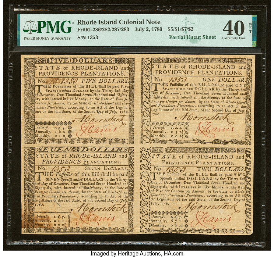 image for: Rhode Island July 2, 1780 $5-$1-$7-$2 Partial Uncut Sheet PMG Extremely Fine 40 Net....
