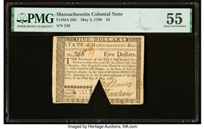 image for: Massachusetts May 5, 1780 $5 PMG About Uncirculated 55....
