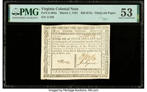 image for: Virginia March 1, 1781 $50 Printed on Thin Laid Paper PMG About Uncirculated 53....
