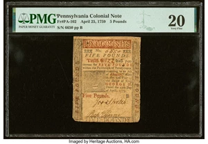 image for: Pennsylvania April 25, 1759 £5 PMG Very Fine 20....