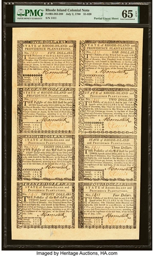 image for: Rhode Island July 2, 1780 Half Sheet of Eight $5, $1, $7, $2, $8, $3, $20, $4 Remainders PMG Gem Uncirculated 65 EPQ....